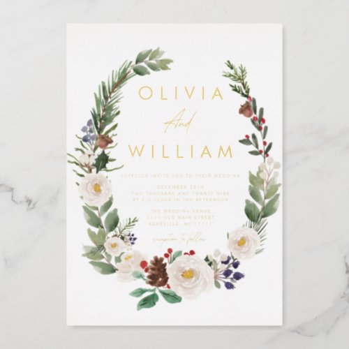 Floral Winter Greenery Christmas Holiday Wedding Foil Invitation