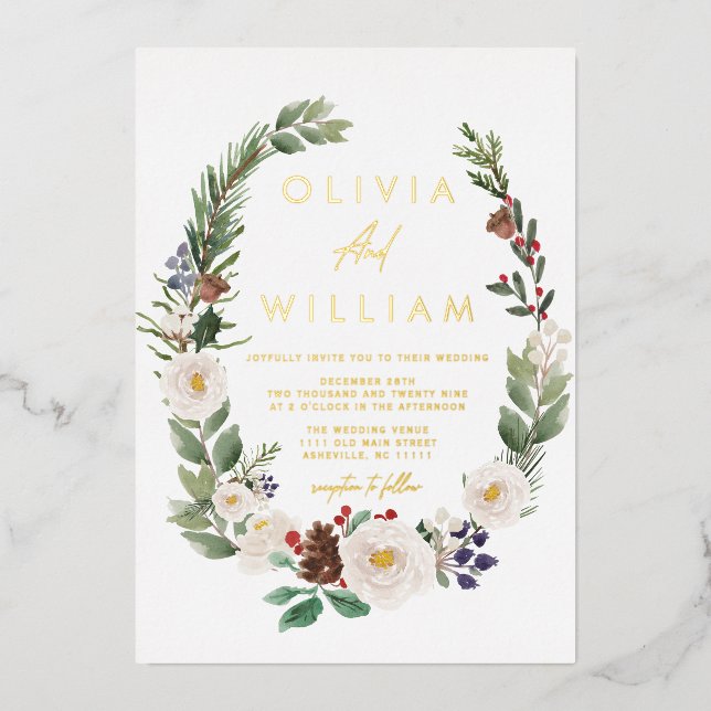 Floral Winter Greenery Christmas Holiday Wedding Foil Invitation (Front)
