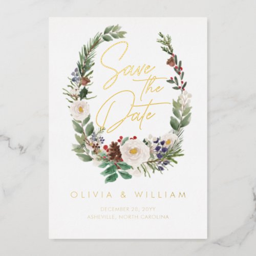 Floral Winter Greenery Christmas Save The Date Foil Invitation