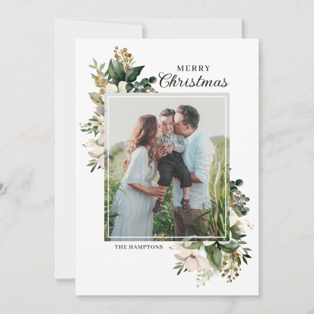 Floral Winter Greenery Elegant Photo Christmas Holiday Card (Front)