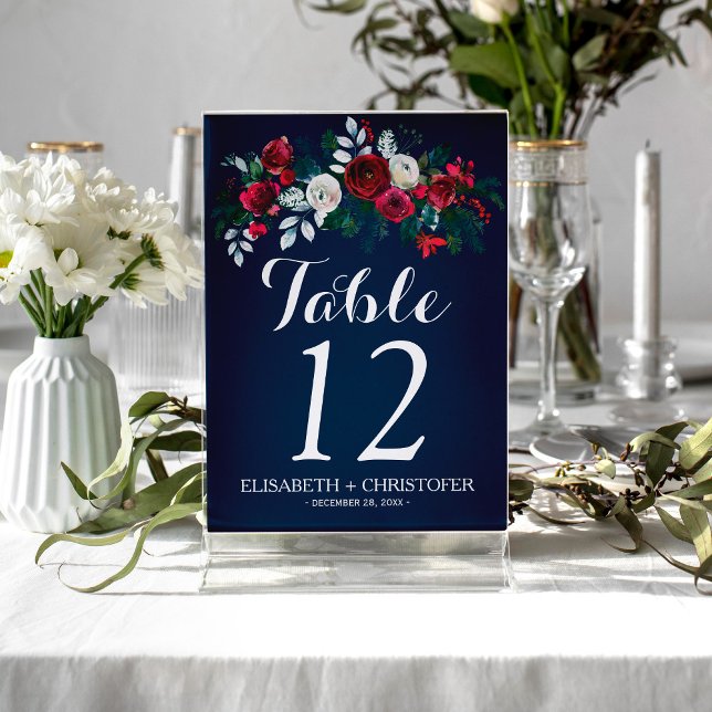 Floral winter navy burgundy wedding guest table number (Creator Uploaded)