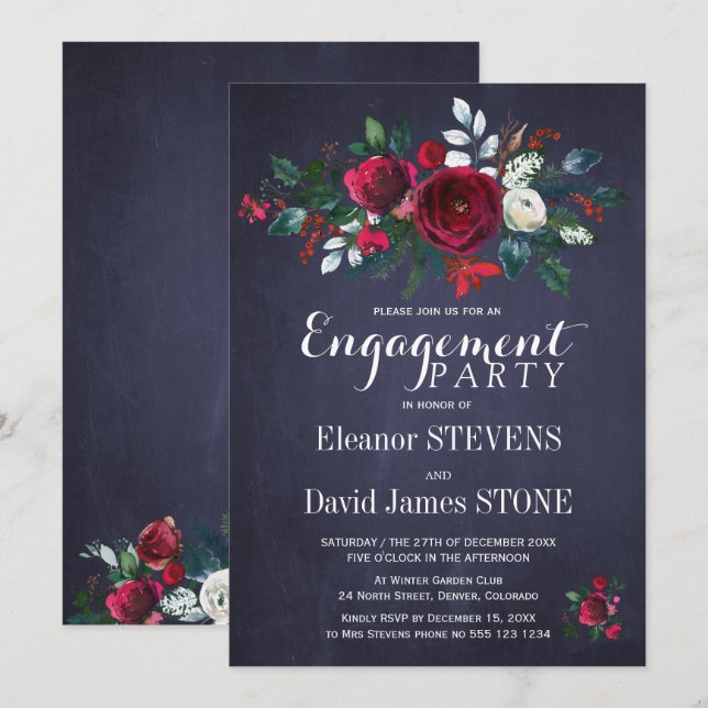Floral Winter Navy Red Christmas Engagement Party Invitation (Front/Back)