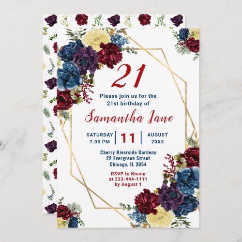 Floral Winter Red Blue Geometric Birthday Invitation