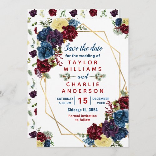 Floral Winter Red Blue Geometric Save The Date