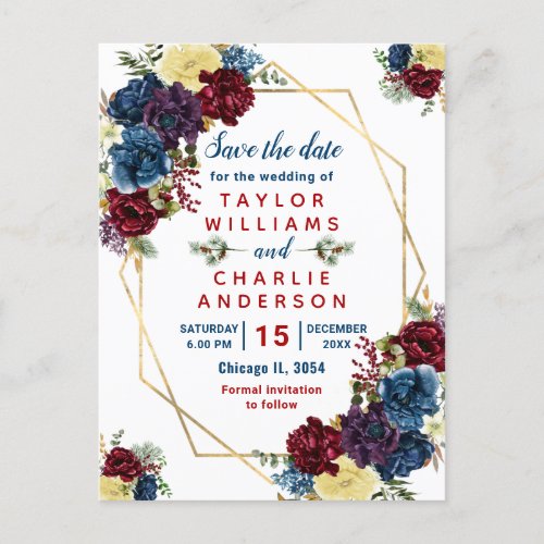 Floral Winter Red Blue Geometric Save The Date Postcard