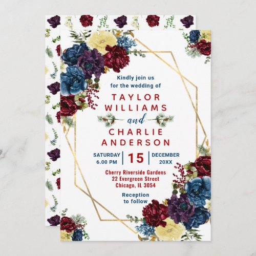 Floral Winter Red Blue Geometric Wedding Invitation