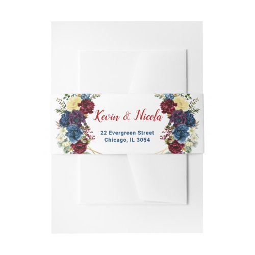 Floral Winter Red Blue Geometric Wedding Invitation Belly Band