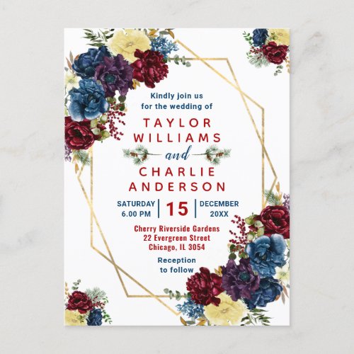 Floral Winter Red Blue Geometric Wedding Postcard