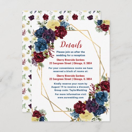 Floral Winter Red Blue Wedding Details Enclosure Card