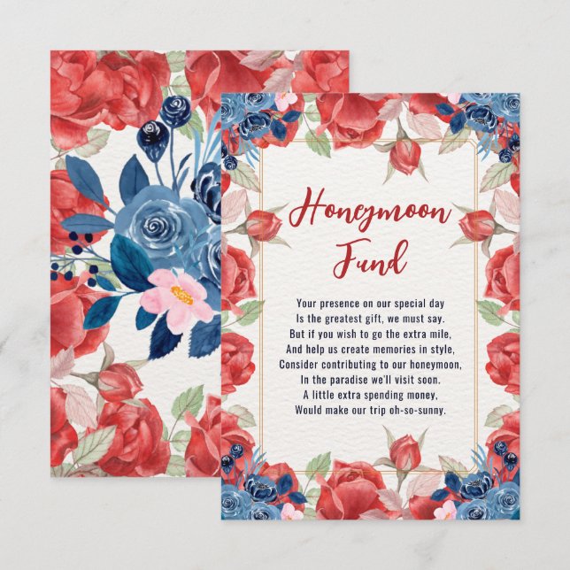 Floral Winter Red Blue Wedding Honeymoon Fund Enclosure Card (Front/Back)