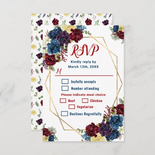 Floral Winter Red Blue Wedding Meal Choice RSVP Card