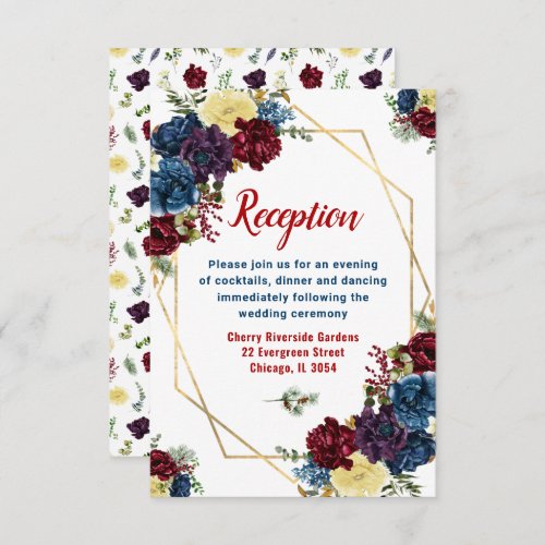 Floral Winter Red Blue Wedding Reception Enclosure Card