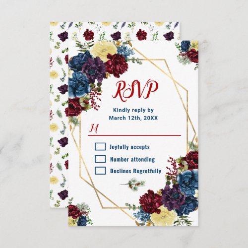 Floral Winter Red Blue Wedding RSVP Card