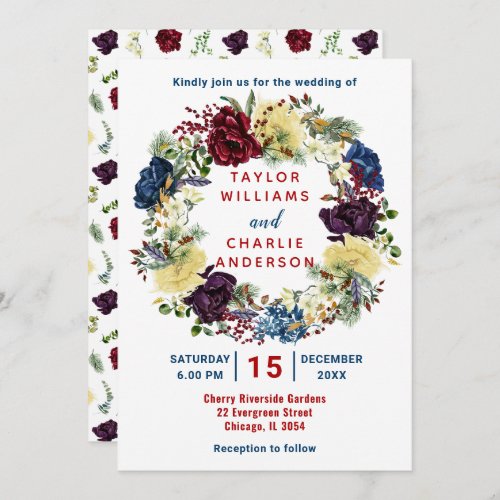 Floral Winter Red Blue Wreath Wedding Invitation
