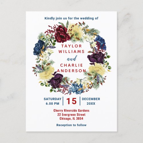 Floral Winter Red Blue Wreath Wedding Postcard