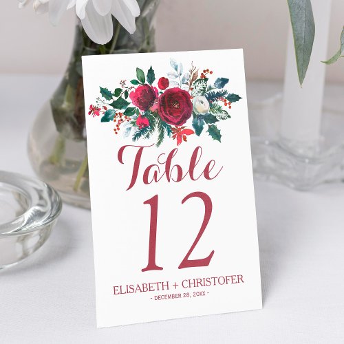 Floral winter red bouquet wedding guest table number