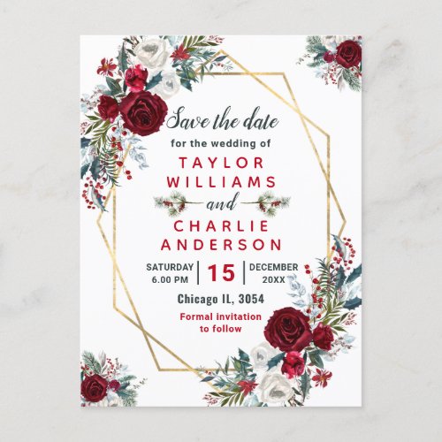 Floral Winter Red Green Geometric Save The Date Postcard