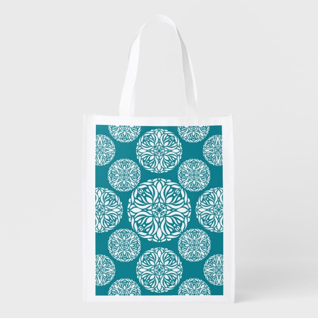 Floral winter snowflake reusable grocery bag (Front)