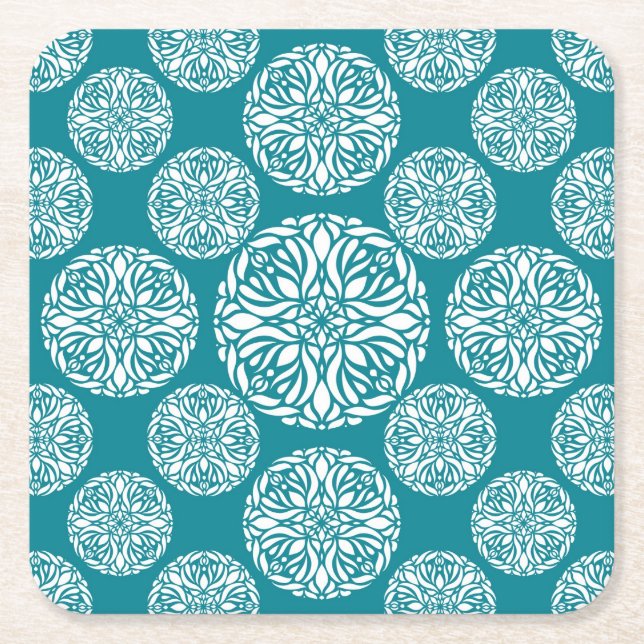 Floral winter snowflake square paper coaster (Front)