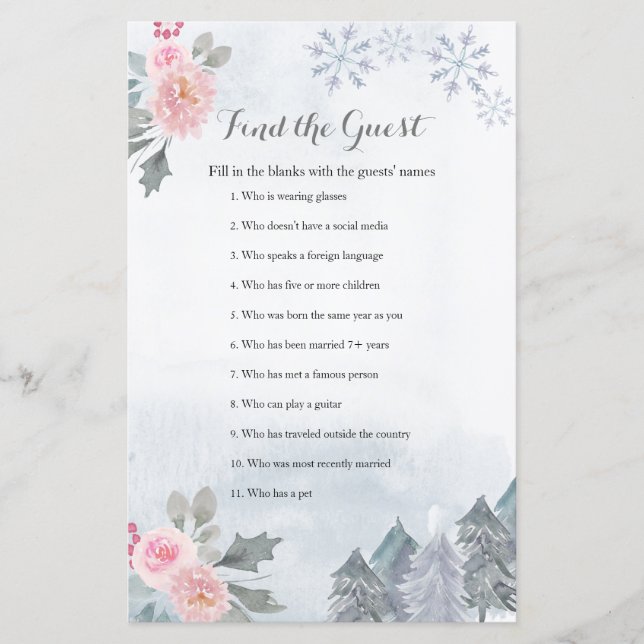  Floral Winter Snowflakes Find the Guest game (Front)