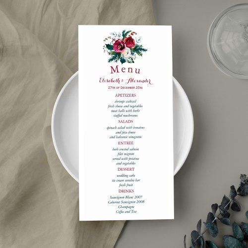 Floral winter watercolor peonies wedding menu