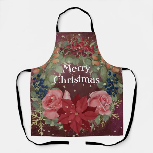 Floral winter watercolor wreath poinsettia roses  apron