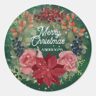 Floral winter watercolor wreath poinsettia roses classic round sticker