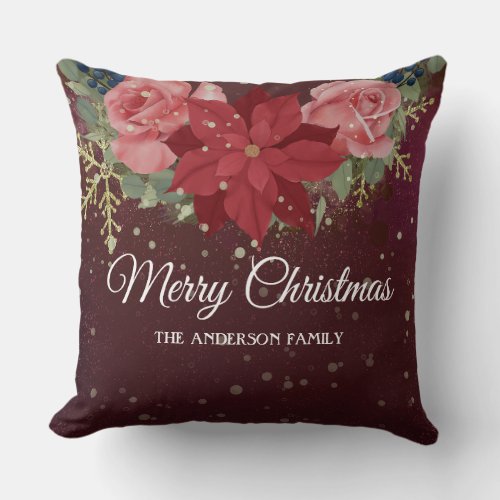 Floral winter watercolor wreath red poinsettia throw pillow