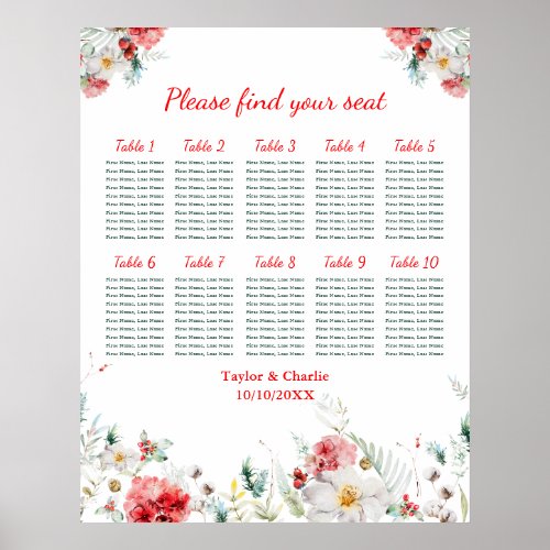 Floral Winter Wedding 10 Tables Seating Chart