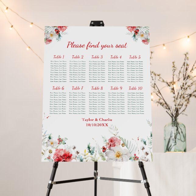 Floral Winter Wedding 10 Tables Seating Chart Foam Board (In Situ (Stand))