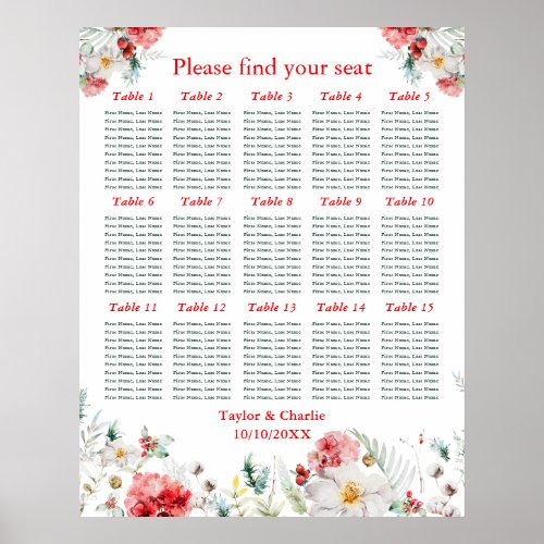 Floral Winter Wedding 15 Tables Seating Chart