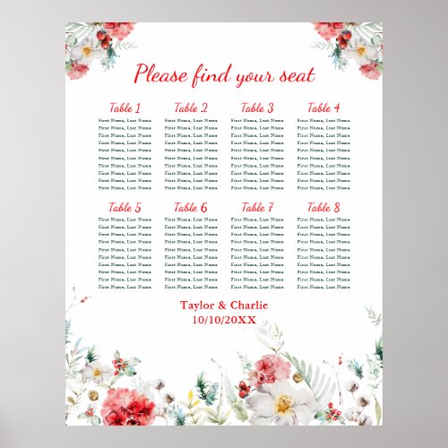 Floral Winter Wedding 8 Tables Seating Chart