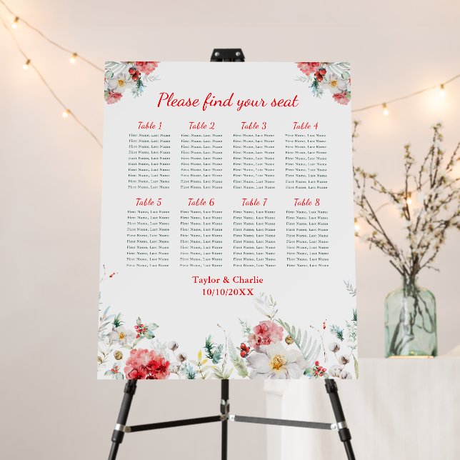 Floral Winter Wedding 8 Tables Seating Chart Foam Board (In Situ (Stand))