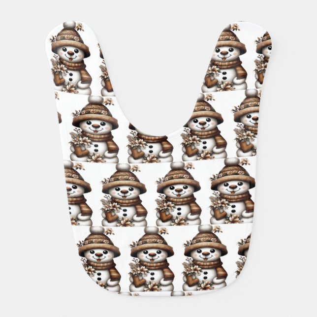 Floral Winter Wonderland Snowman Baby Bib (Front)