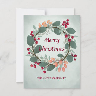 Floral winter wreath watercolor Christmas berries Note Card