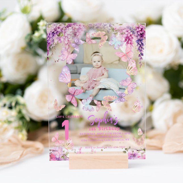 Floral Wisteria Butterfly Kids Photo Birthday Acrylic Invitations (Creator Uploaded)