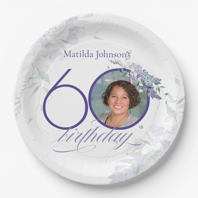 Floral Wisteria Elegant Photo Purple 60th Birthday Paper Plates (Front)