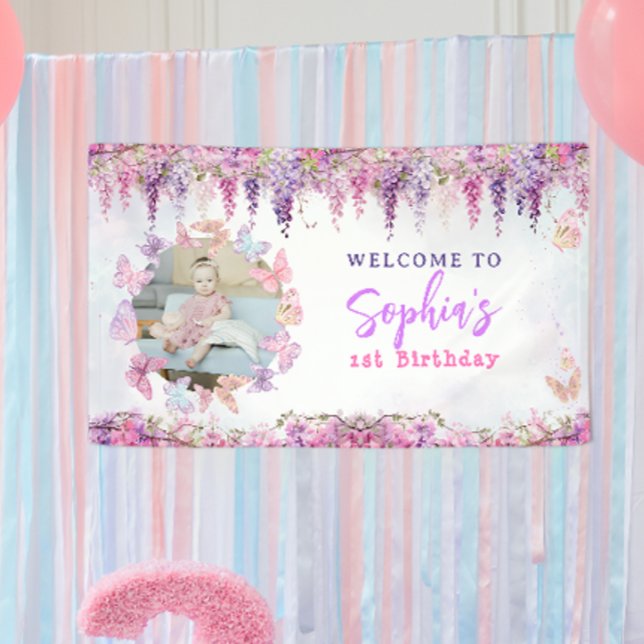 Floral Wisteria Gold Butterfly Kids Birthday Photo Banner (Creator Uploaded)