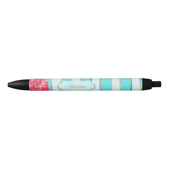 Floral with Aqua and Golden Stripes Pen (Front)