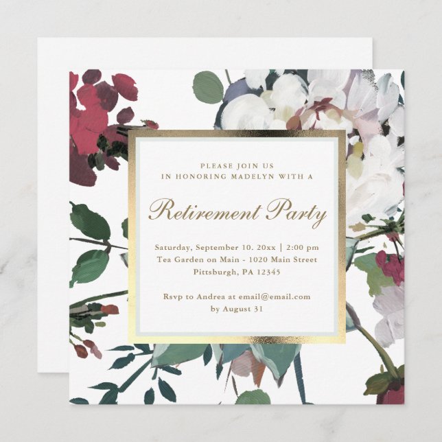Floral with Faux Gold Frame Retirement Party Invitation (Front/Back)