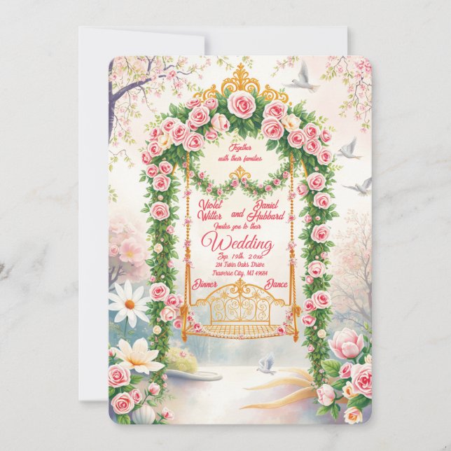Floral with Gold Swing Wedding Invitation (Front)