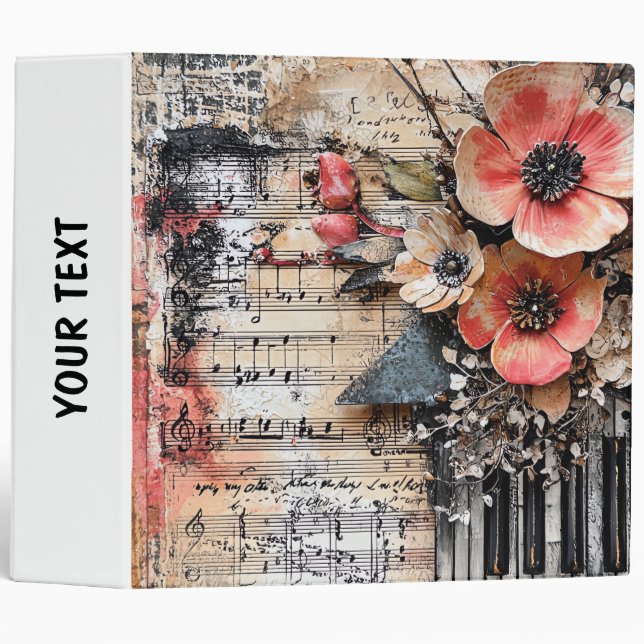 Floral with Rustic Piano Keys & Aged Music Sheet 1 3 Ring Binder (Front/Spine)