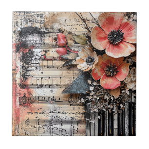 Floral with Rustic Piano Keys & Aged Music Sheet 1 Ceramic Tile
