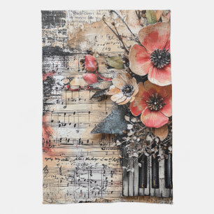 Floral with Rustic Piano Keys & Aged Music Sheet 1 Kitchen Towel