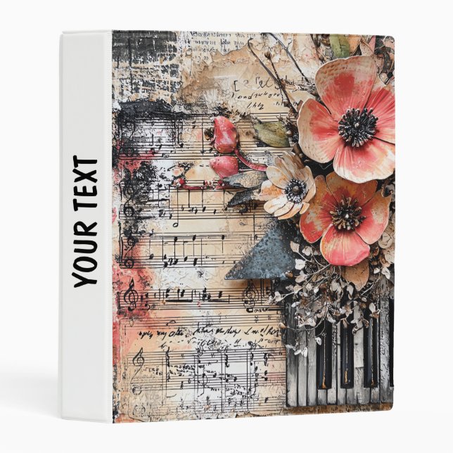 Floral with Rustic Piano Keys & Aged Music Sheet 1 Mini Binder (Front/Spine)