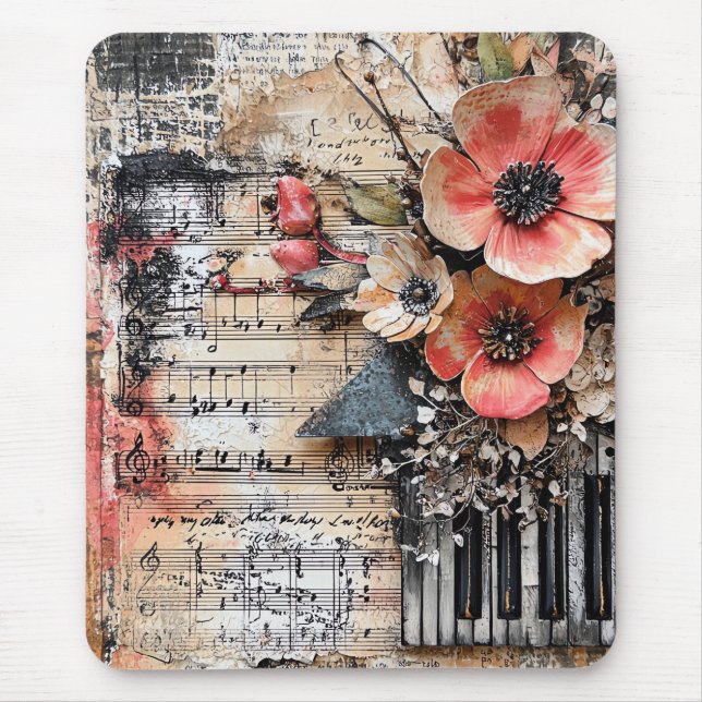 Floral with Rustic Piano Keys & Aged Music Sheet 1 Mouse Pad (Front)