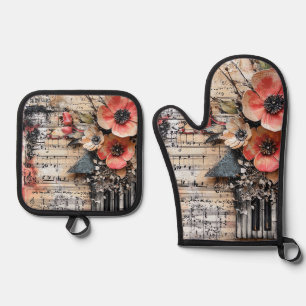 Floral with Rustic Piano Keys & Aged Music Sheet 1 Oven Mitt & Pot Holder Set