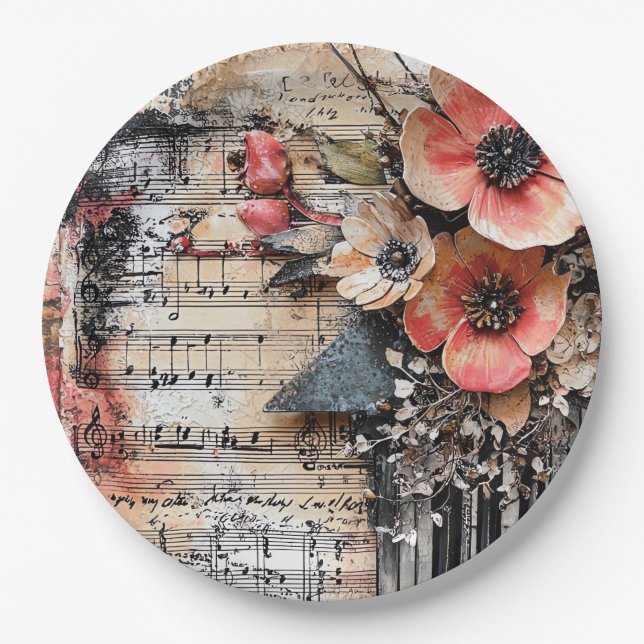 Floral with Rustic Piano Keys & Aged Music Sheet 1 Paper Plates (Front)