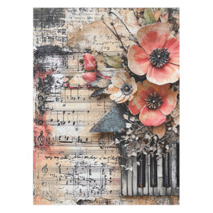 Floral with Rustic Piano Keys & Aged Music Sheet 1 Tablecloth