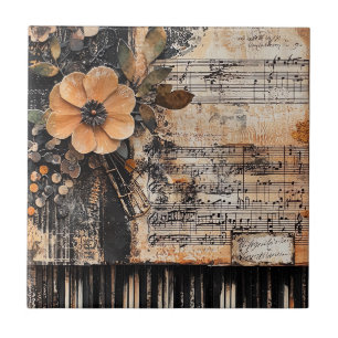 Floral with Rustic Piano Keys & Aged Music Sheet 2 Ceramic Tile